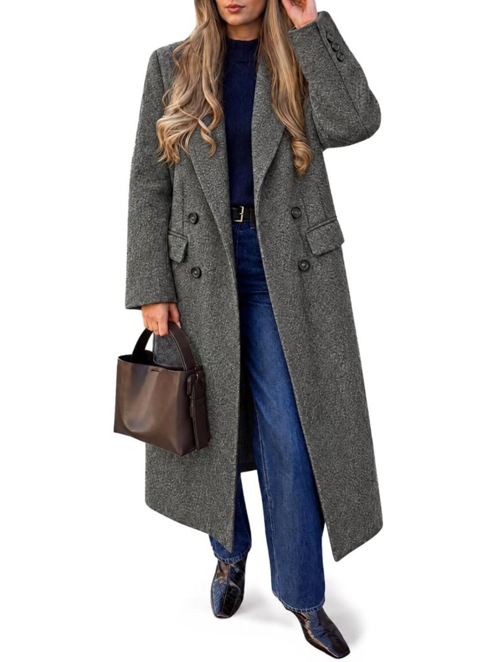 Chic Women's Long Double Breasted Peacoat with Lapel Collar - Stylish Work